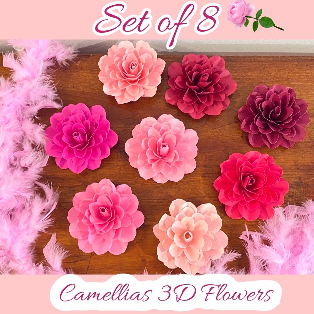 Set of 8 Marvelous 3D Shaded Camellias Flowers - Brand New